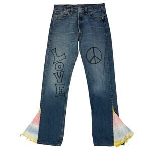 Vintage 90s Levi’s 501 Bell Bottom Jeans Peace Love Freedom Tie Dye 32x34 Y2K